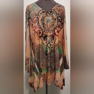 Cover Charge Top Womens XLarge Colorful Artsy Boho Long Sleeve